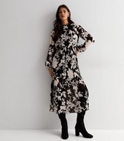 New Look Black Floral High Neck Pleat Skirt Midi Dress
